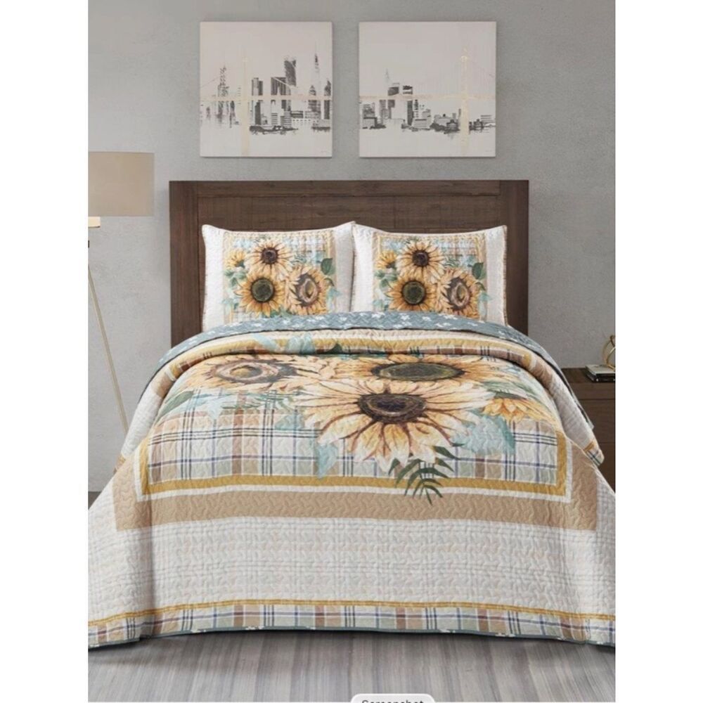Sunflower Patch Plaid Quilted Queen Quilt Set Cottagecore Farmhouse